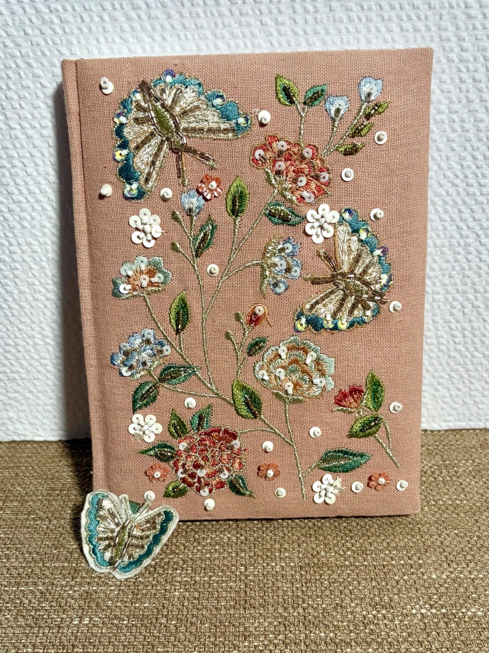 Beaded & Embroidered Floral Hardcover Journal - Khaki